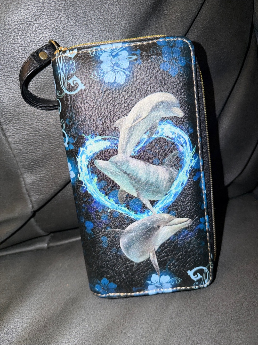 Dolphin Heart Zip Wallet - Blue on Black